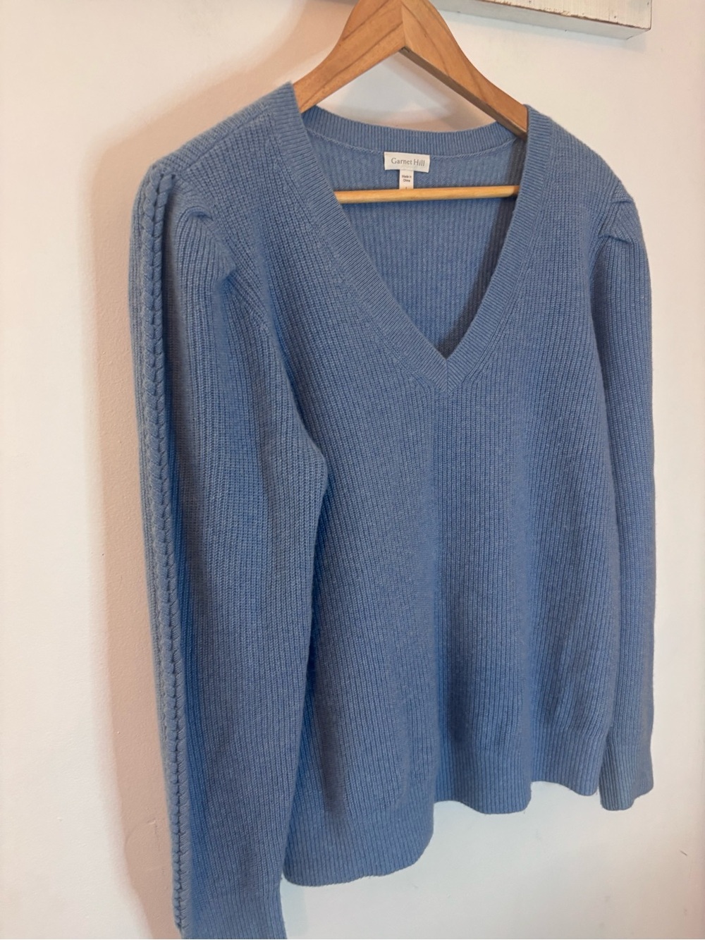 Garnet Hill Braid Detail Cashmere V-Neck Ribbed Sweater Slate Blue
